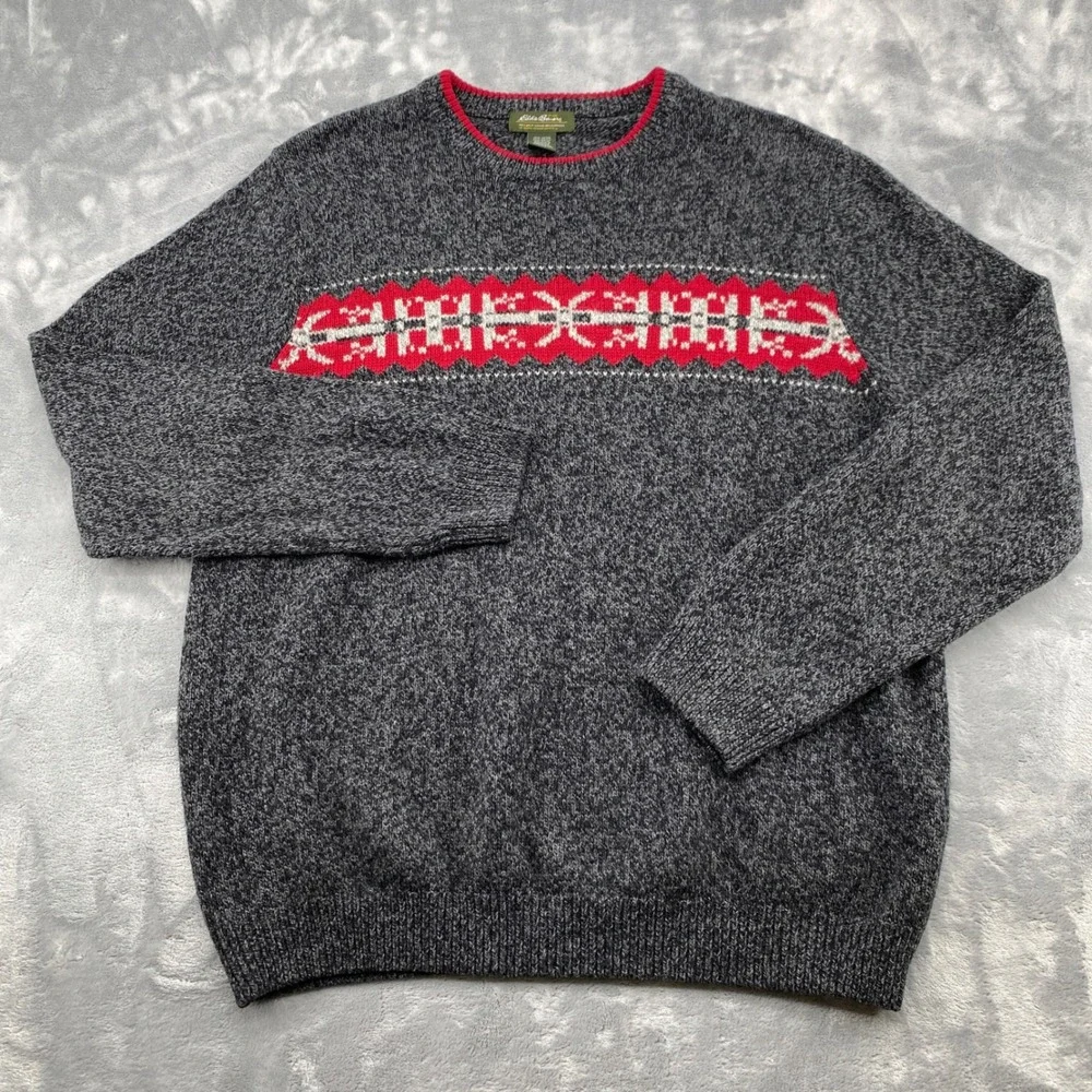 Eddie Bauer Mens Large Tall Fair Isle Sweater Charcoal Grey Red Cotton Blend
